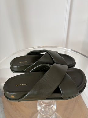 Anine Bing Olive Green Leather Cross Slides, 37