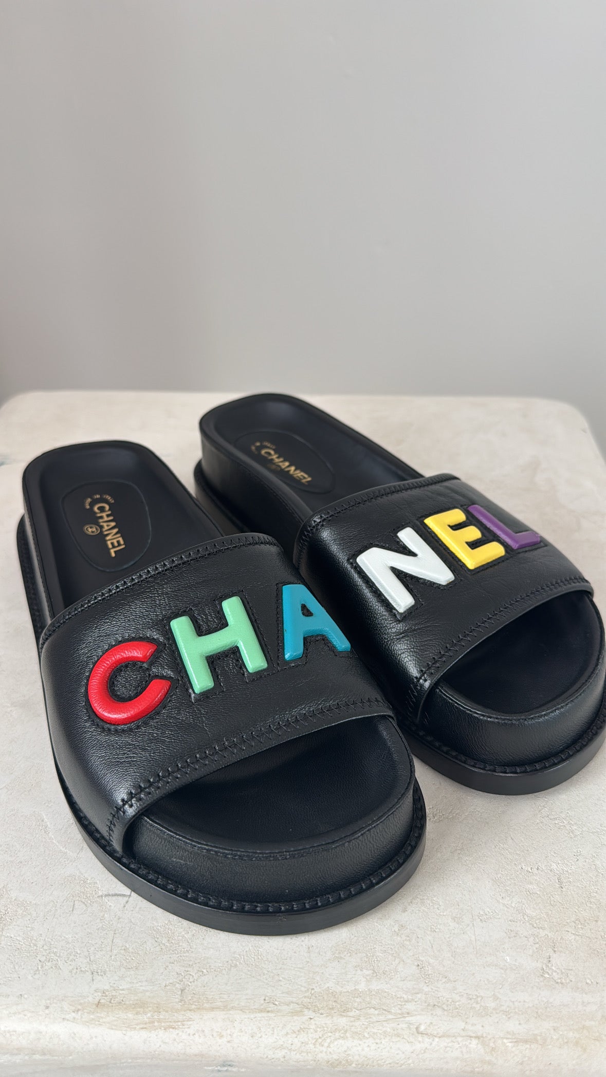 Chanel Black Leather Multi Logo Slides, 36.5C