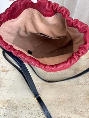 Gucci Navy and Red Leather Horsebit Drawsting Bucket Bag