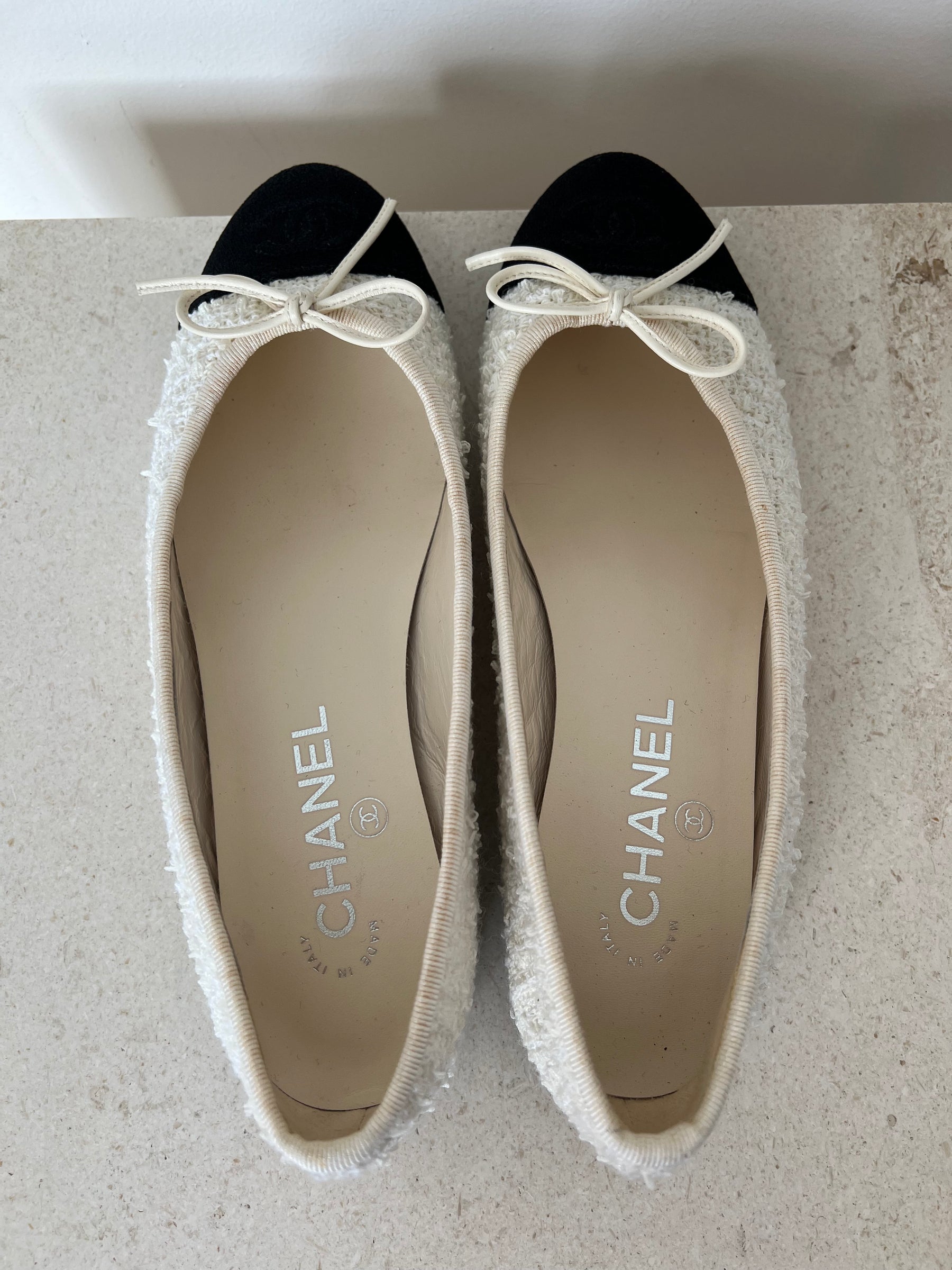 Chanel Cream Tweed Logo Ballet Flats, 37C