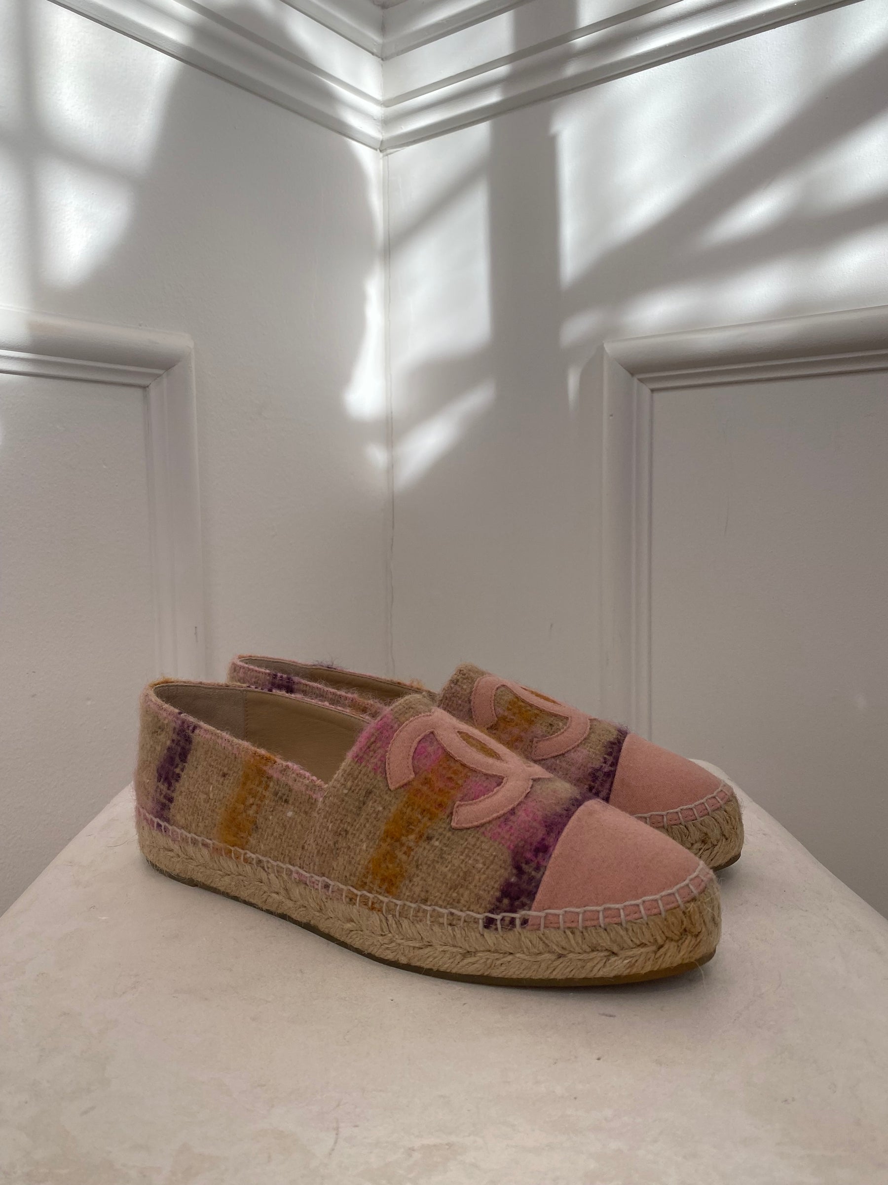 Chanel Beige and Pink Check Wool Logo Espadrille, 41