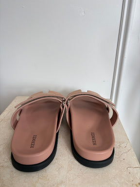 Hermès Pale Pink Suede Chypre Slides, 38.5