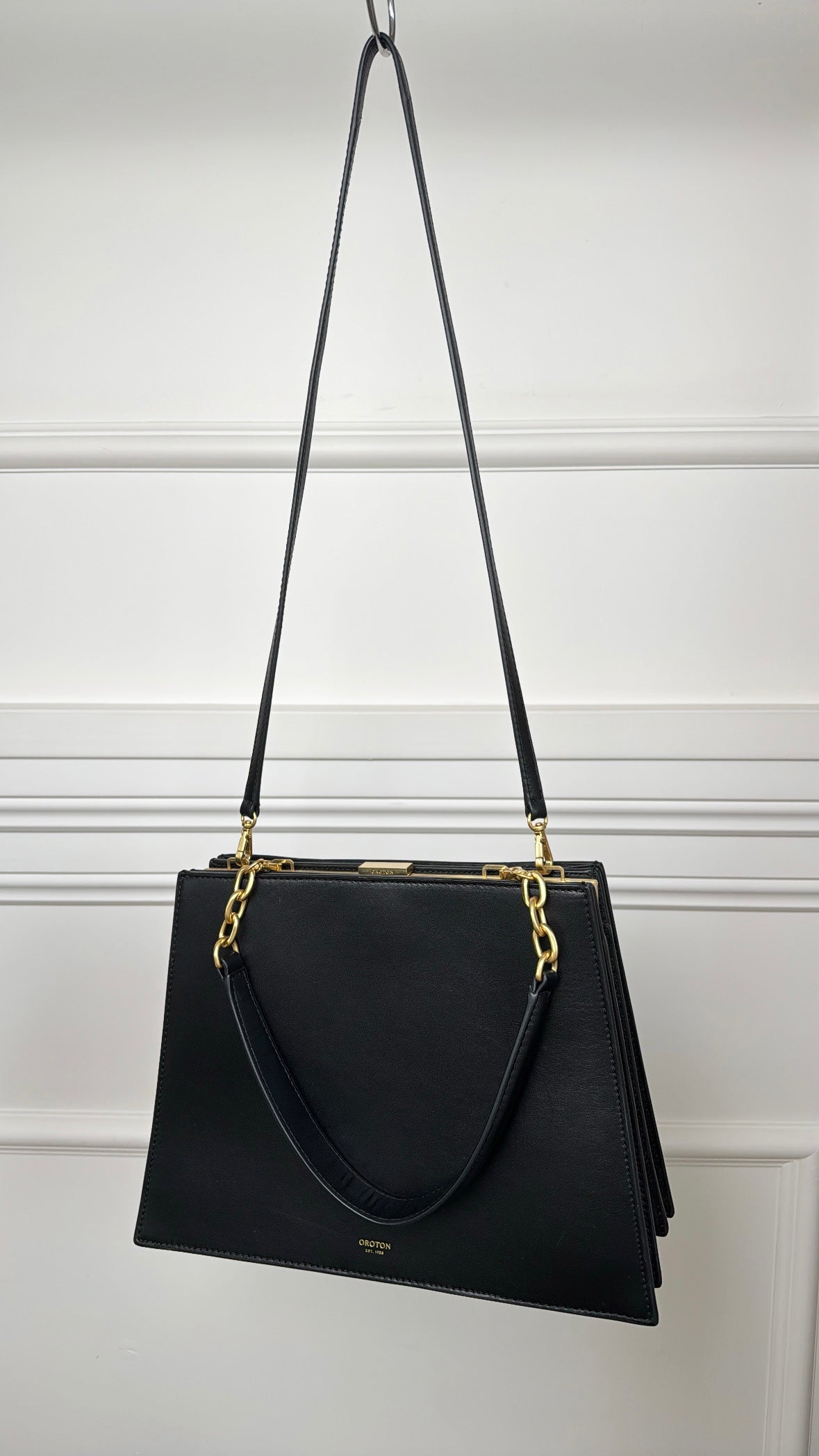 Oroton Black Leather Top Handle Gold Frame Shoulder Bag