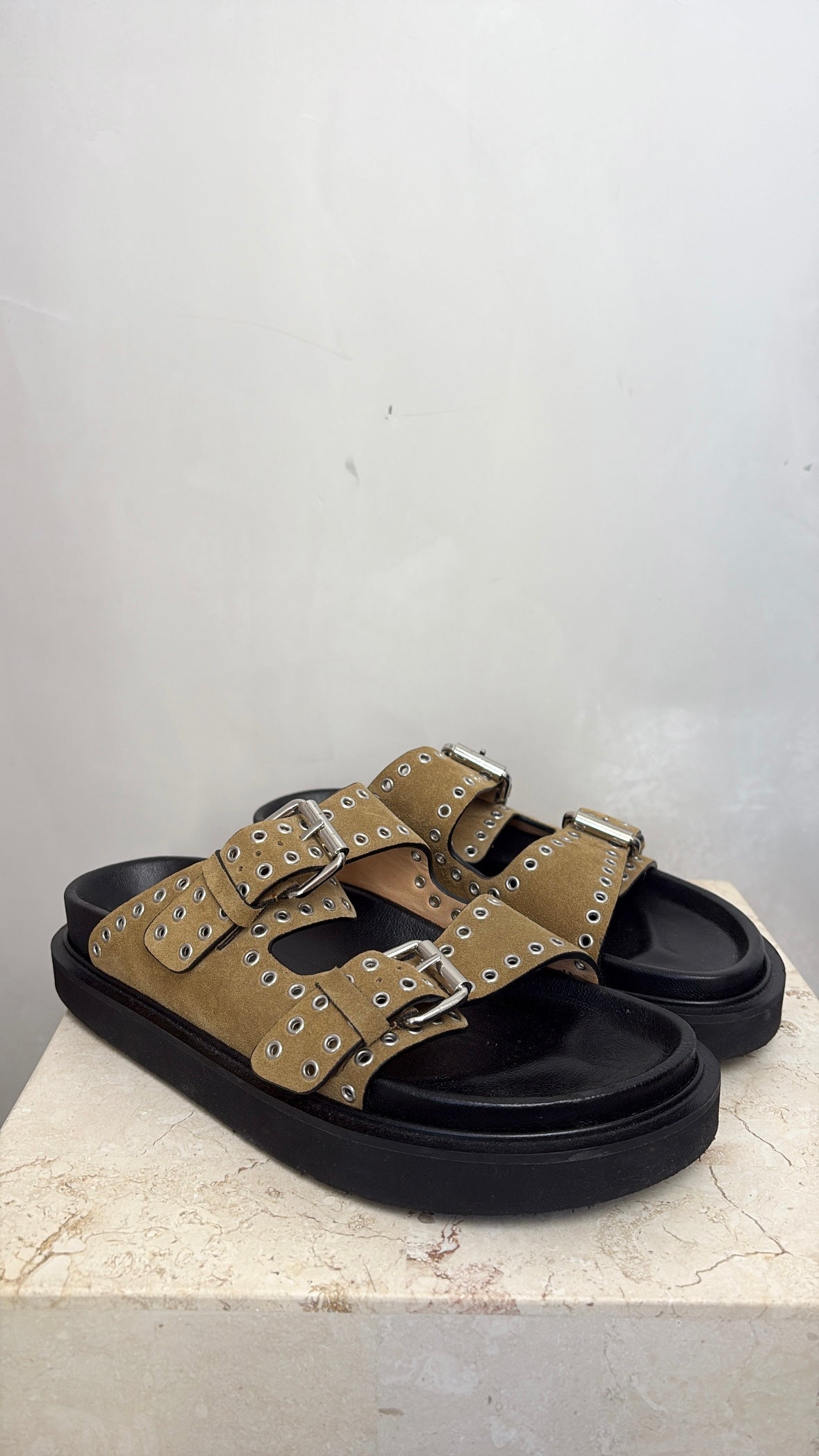 Isabel Marant Khaki Eyelet Slides, 37
