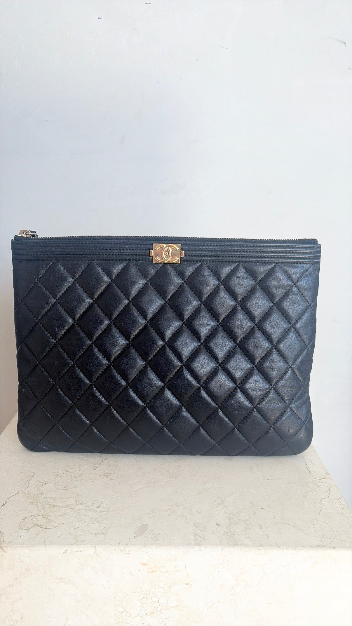 Chanel Black Quilted Leather Medium Boy Pouch