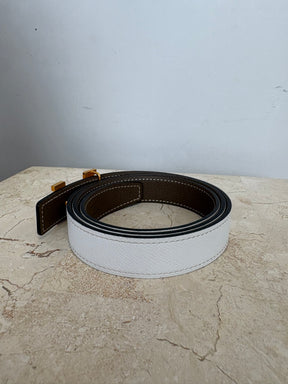 Hermès Mini Constance Blanc and Etoupe Reversible Gold H Belt 24mm, 85