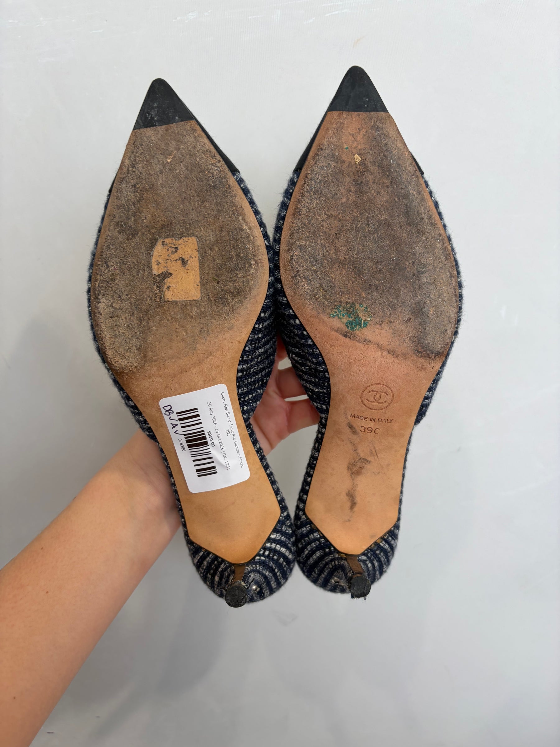Chanel Navy Bouclé Tweed And Grosgrain Mules, 39C