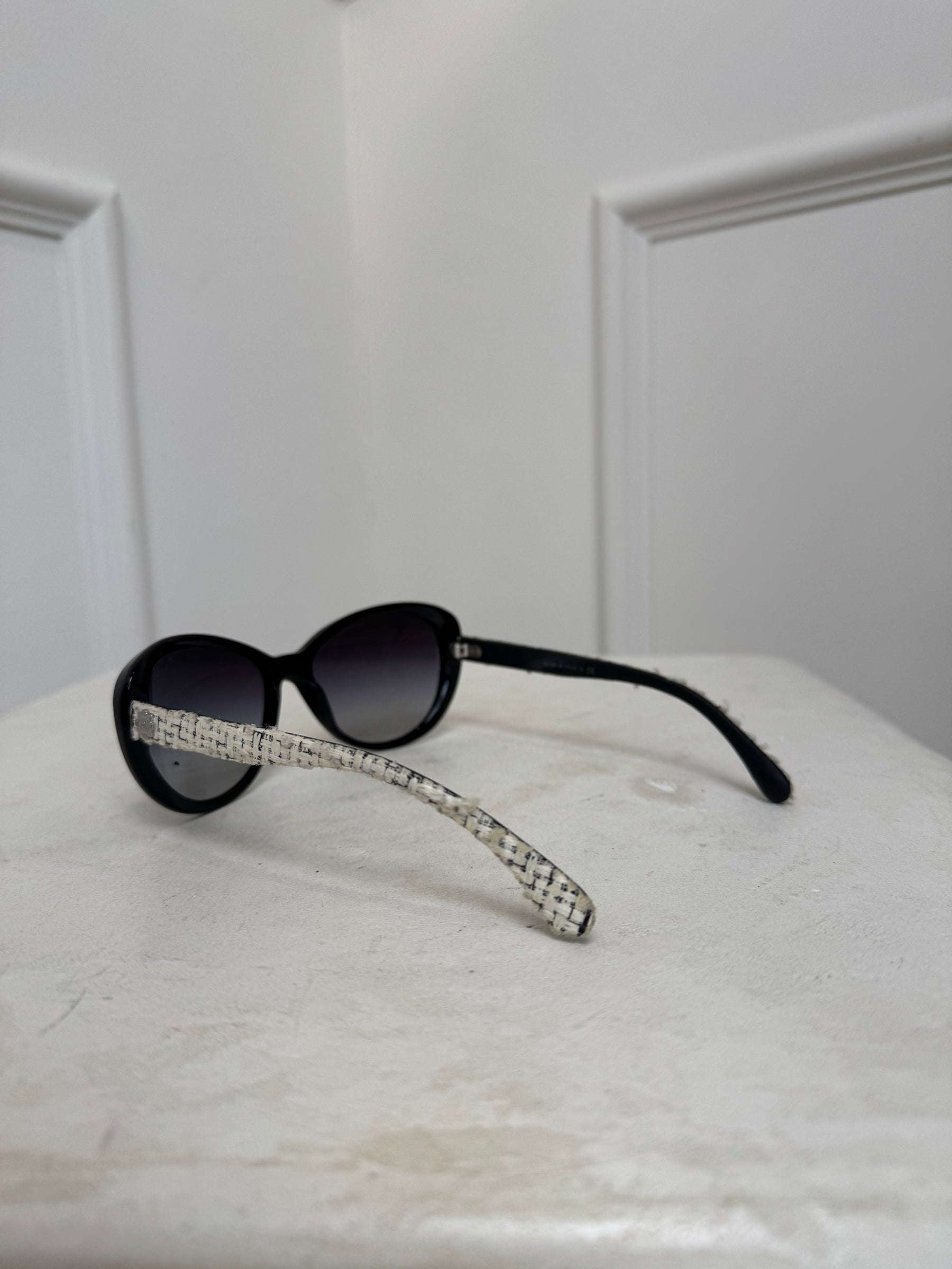 Chanel Black Round Tweed Arm Sunglasses