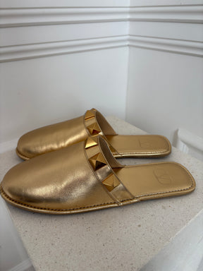 Valentino Garavani Gold Leather Roman Sud Slipper, 41.5