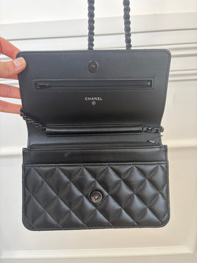 Chanel Black Lambskin Leather Wallet on Chain with Black Hardware