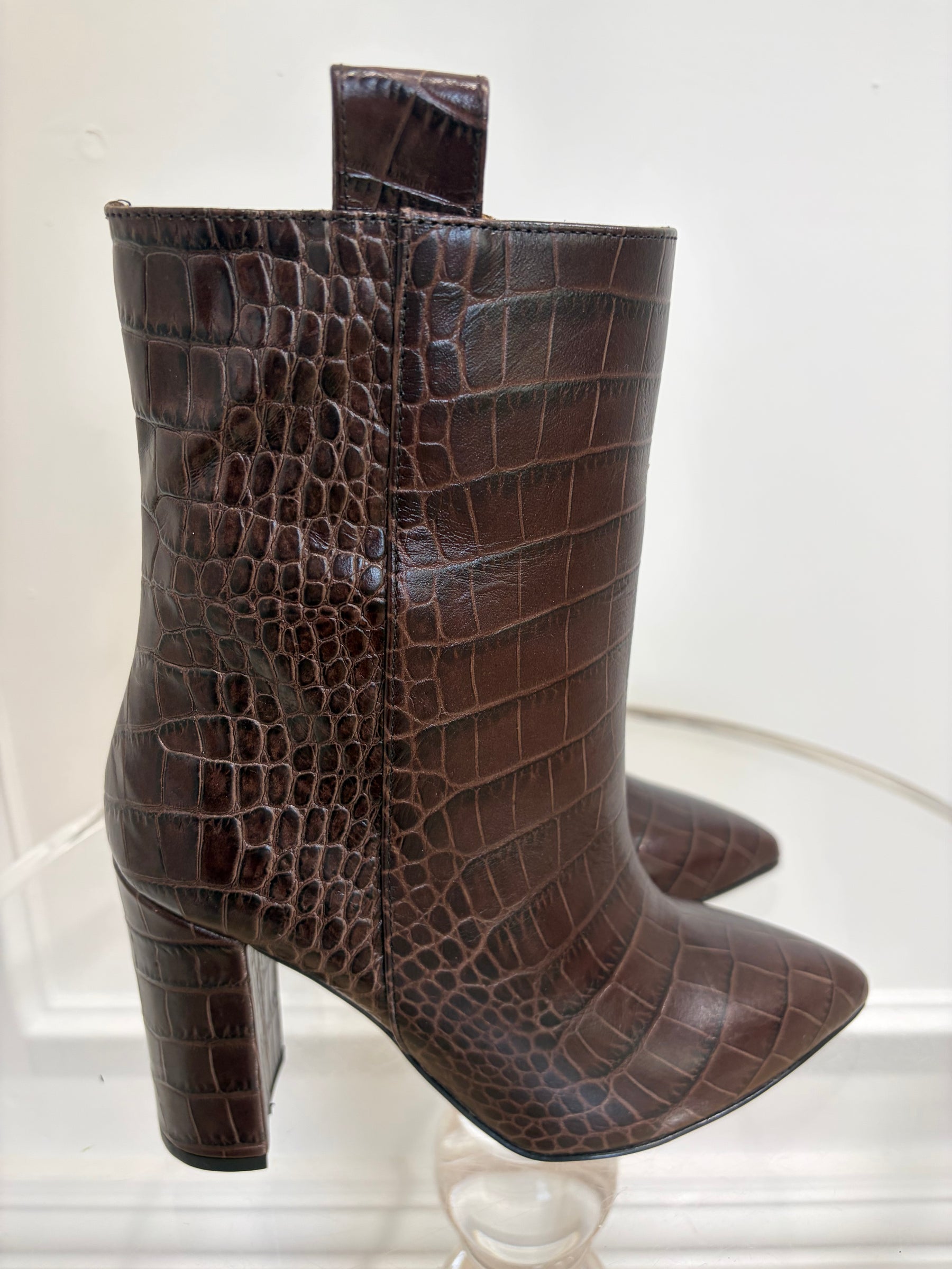 Paris Texas Brown Croc Embossed Heeled Ankle Boots, 36