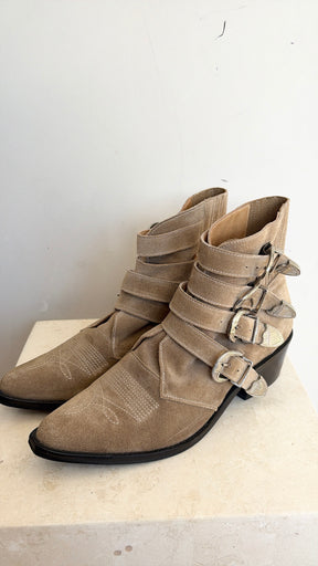 Toga Pulla Taupe Suede Buckle Western Boots, 39