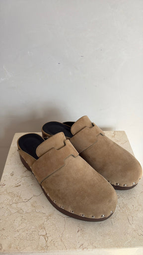 Hermès Taupe Suede Calya Cloggs, 38