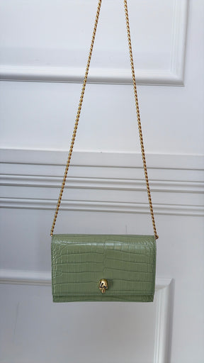 Alexander McQueen Sage Green Mock Croc Crossbody Chain Bag
