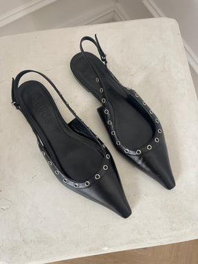 Aeyde Black Leather Pointed Slingback Flats, 38