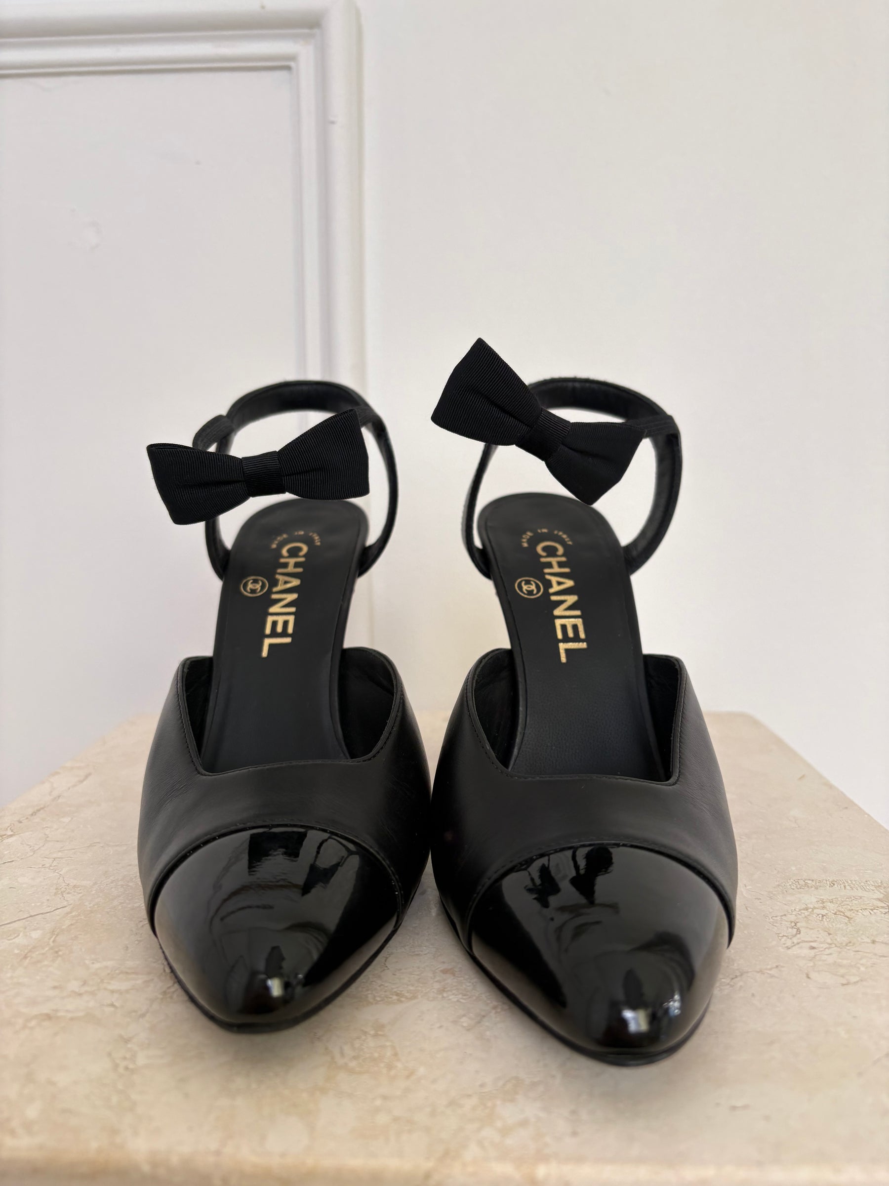 Chanel Black Leather Bow Ankle Slingback Heels, 38C