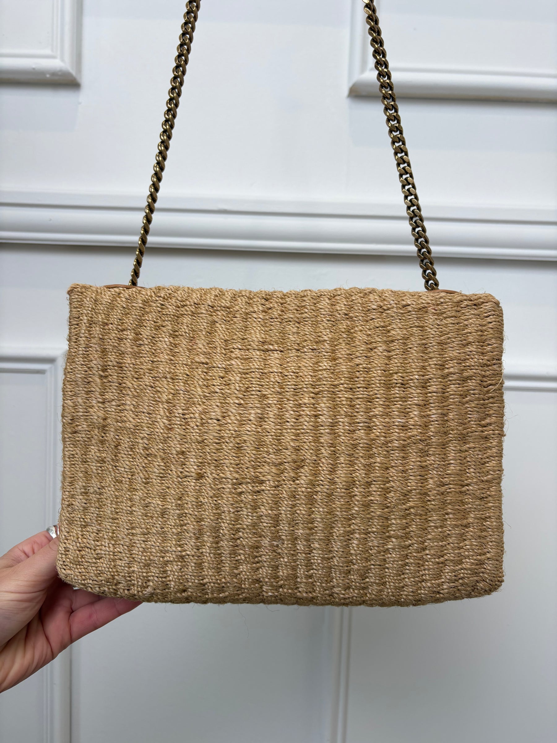 Saint Laurent Raffia Envelope Shoulder Bag Cassandre Logo Chain Strap
