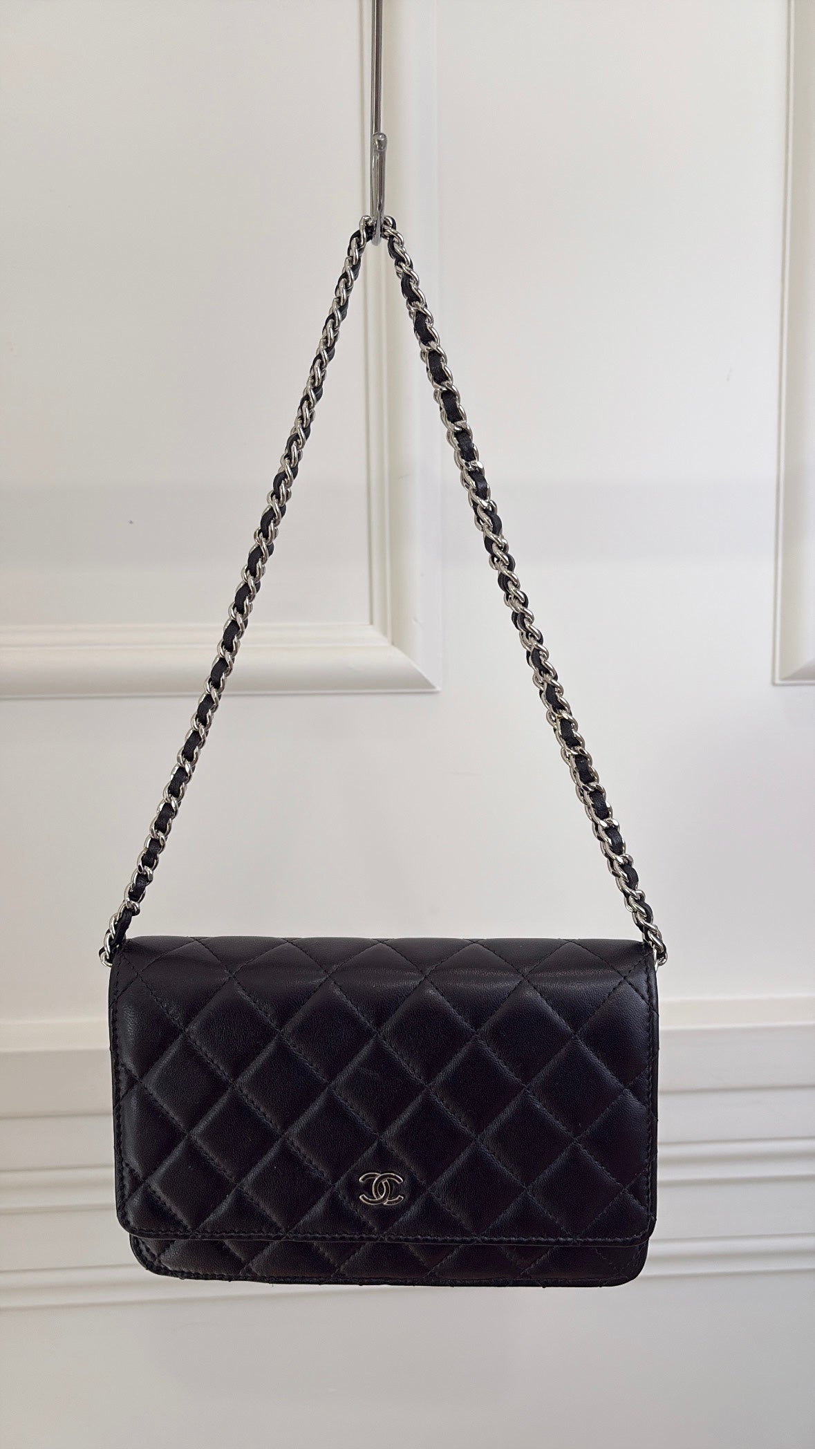 Chanel Black Quilted Wallet On Chain Silver Hardware