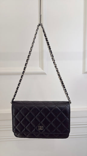 Chanel Black Quilted Wallet On Chain Silver Hardware