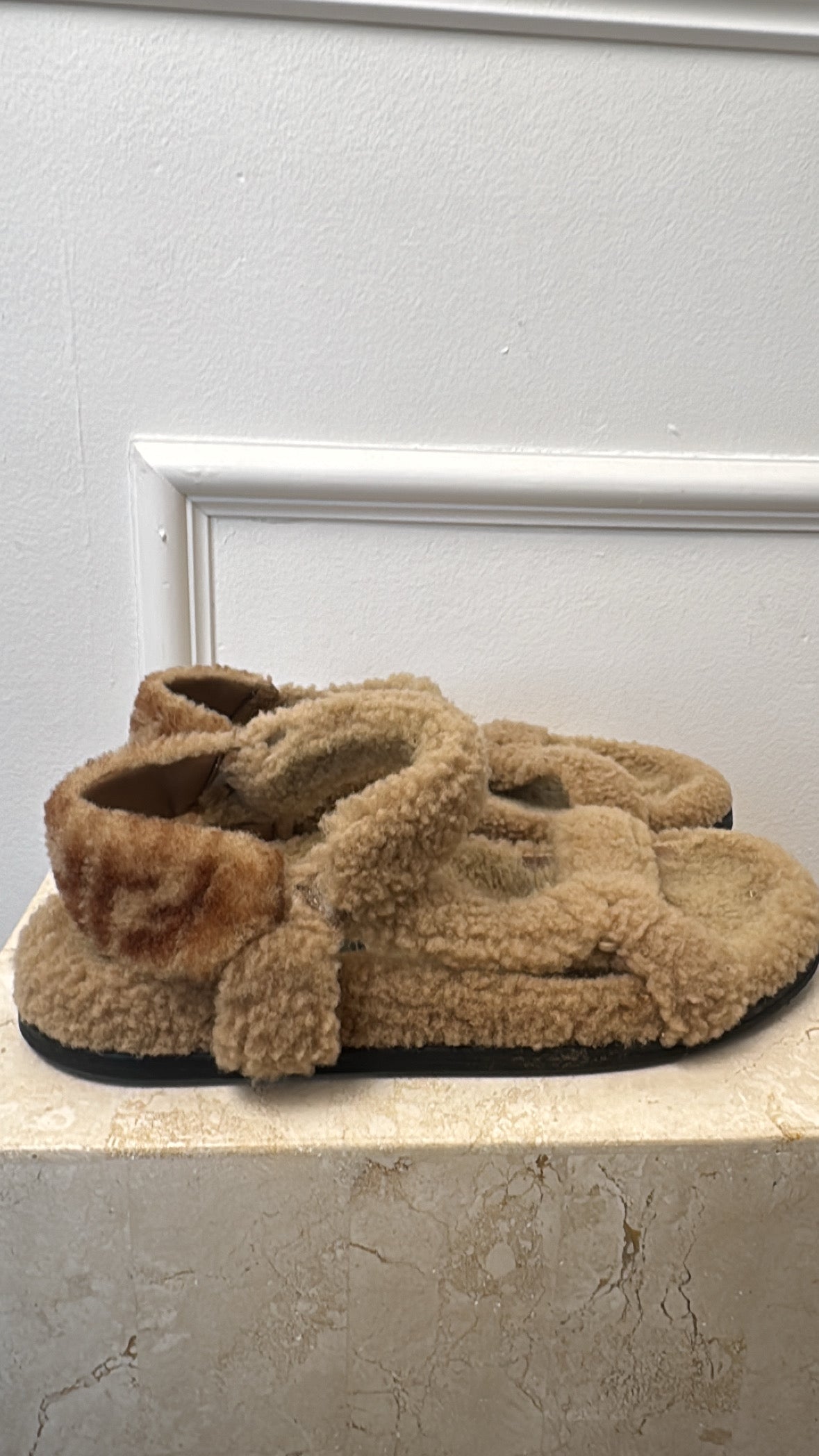 Fendi Beige Monogram Back Shearling Sandals, 40