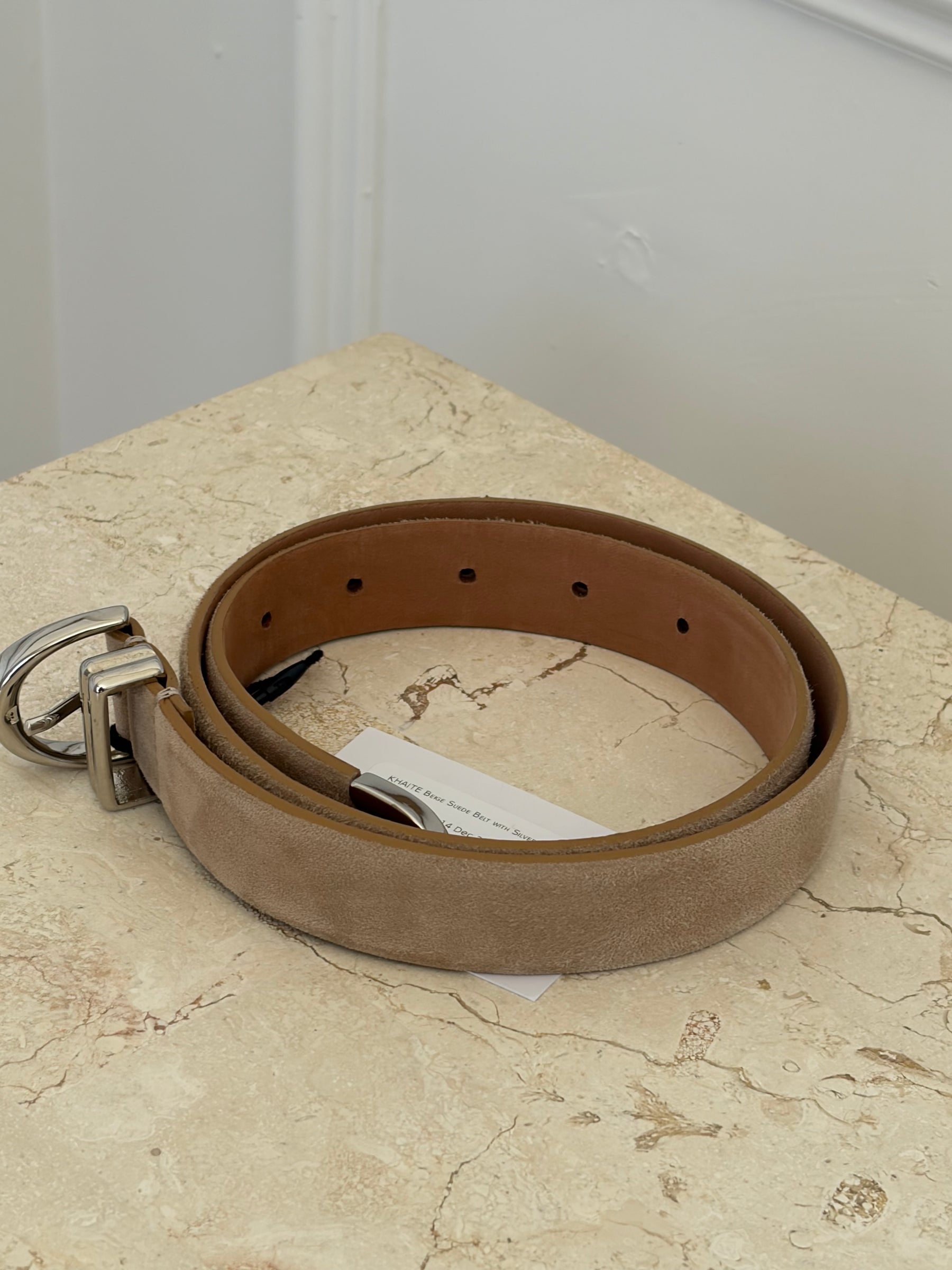 KHAITE Beige Suede Belt with Silver Buckle, 70