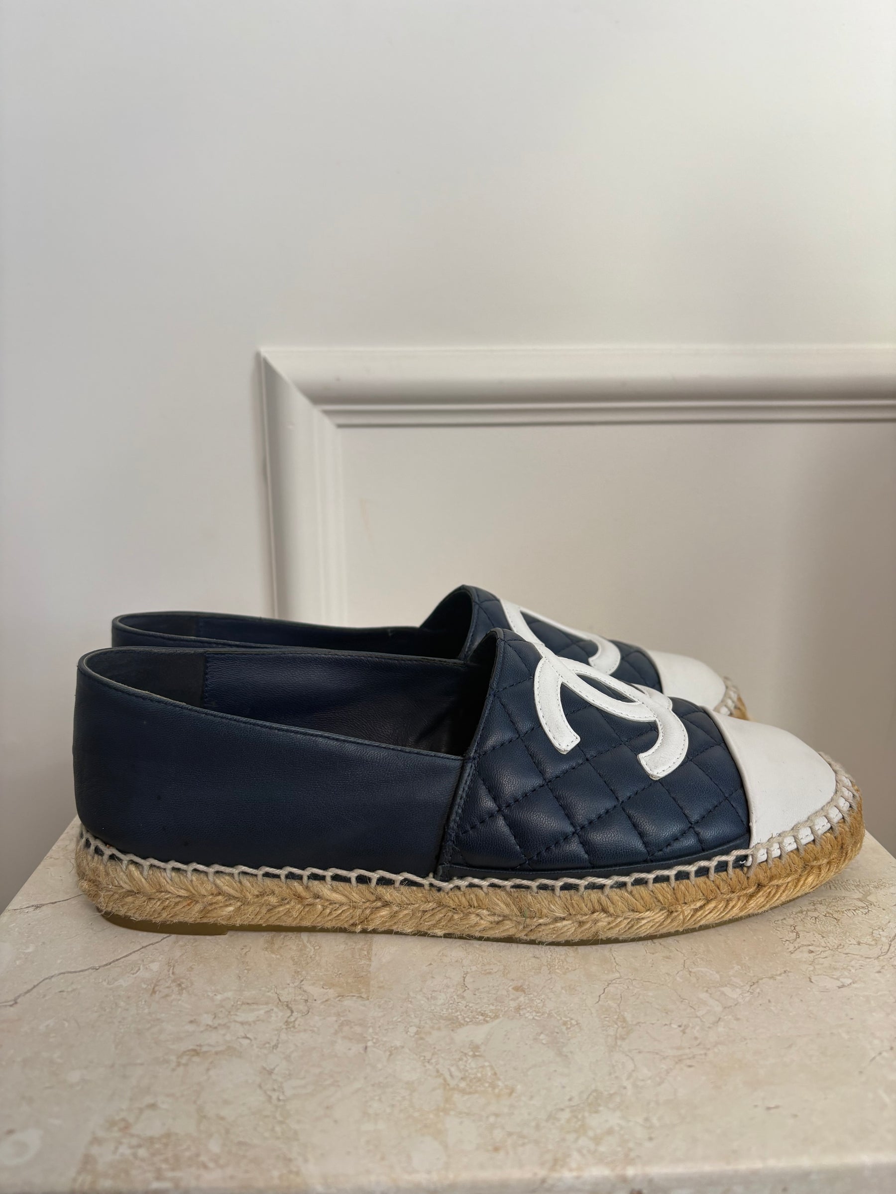 Chanel Navy and White Quilted Logo Espadrilles, 38