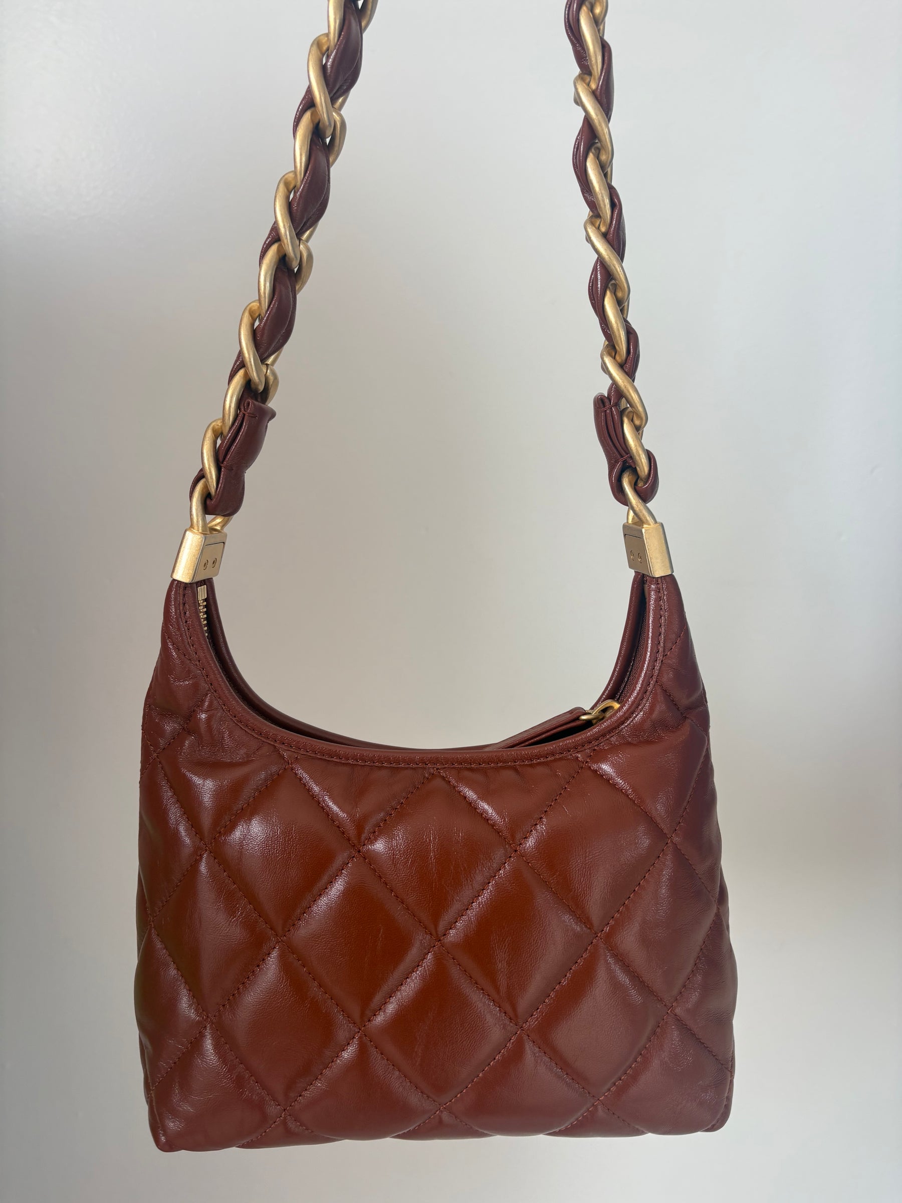 Chanel Tan Shiny Lambskin Leather Small Hobo Bag