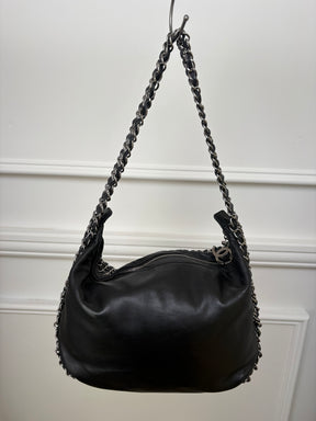 Chanel Lambskin Chain Hobo Bag Black Silver HW