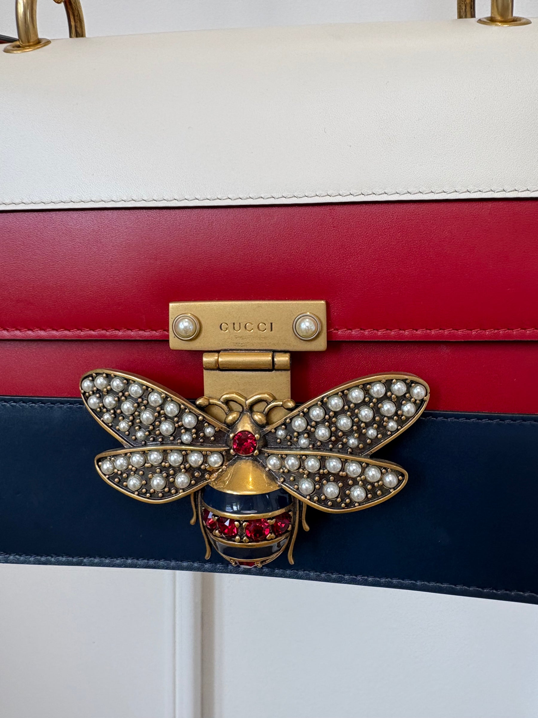 Gucci Red, White and Navy Leather Embellished Bee Shoulder Bag