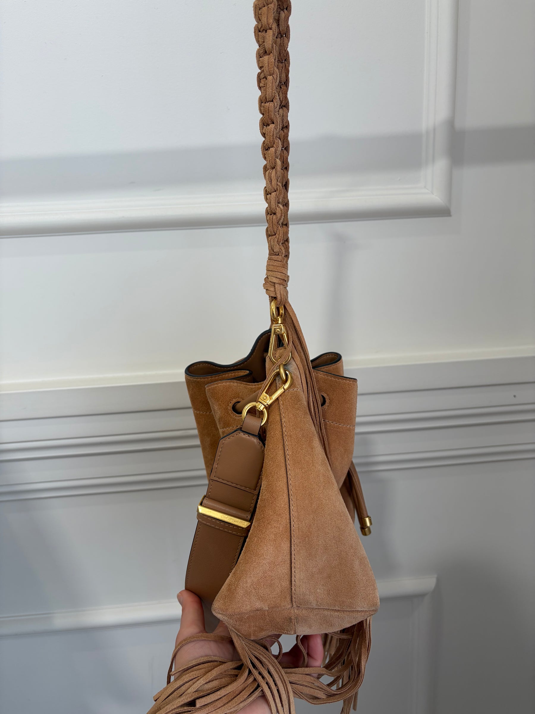 Jimmy Choo Toffee Suede Fringed Cinch Medium Bag