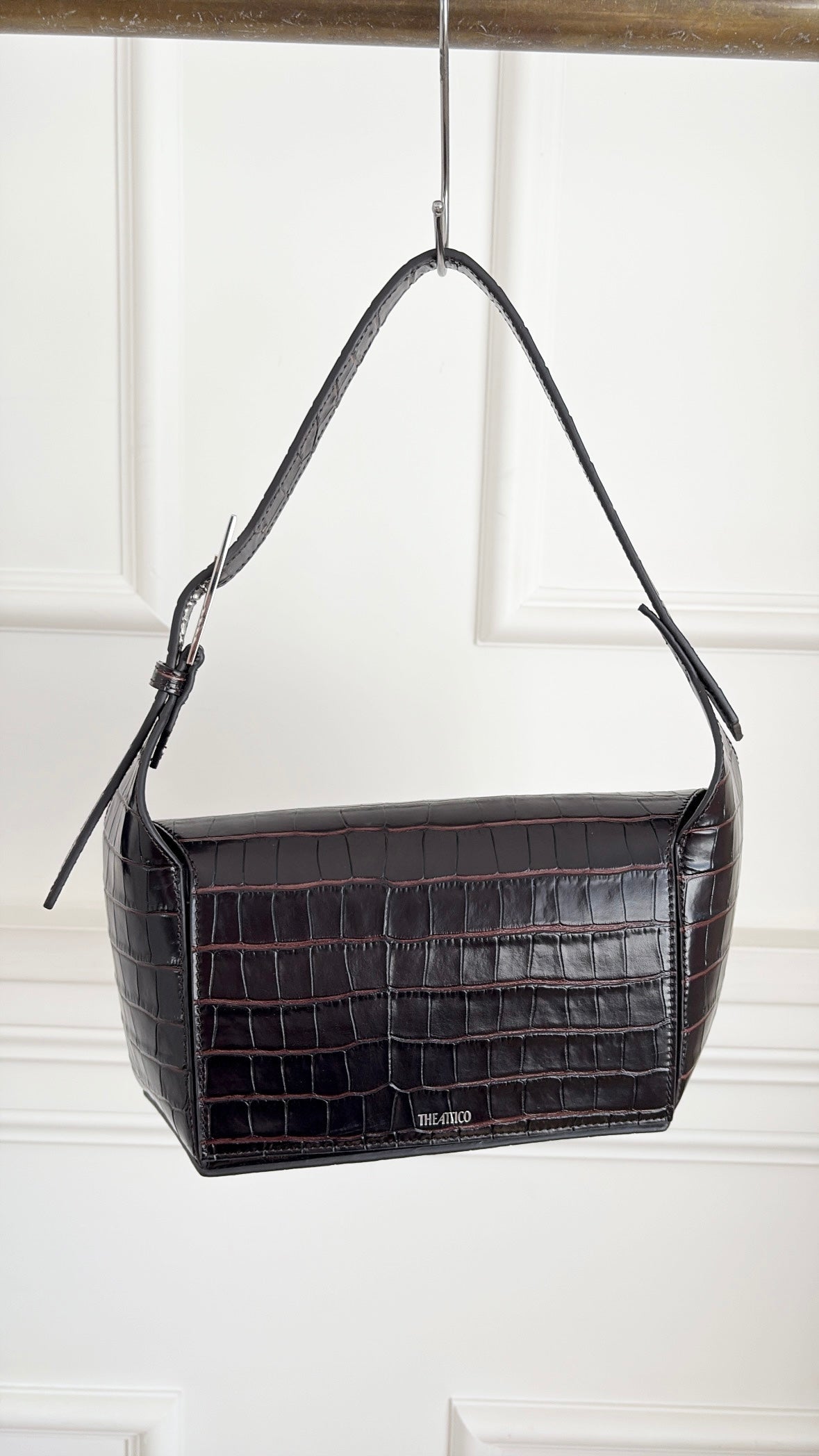 THE ATTICO Dark Brown Croc Embossed 7/7 Shoulder Bag