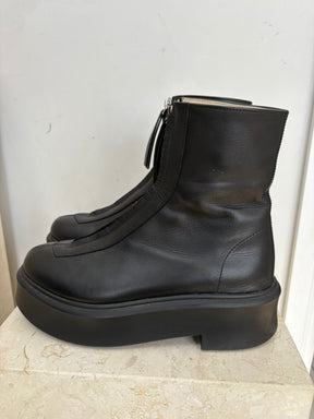 The Row Black Leather Zip Front Boots, 38.5