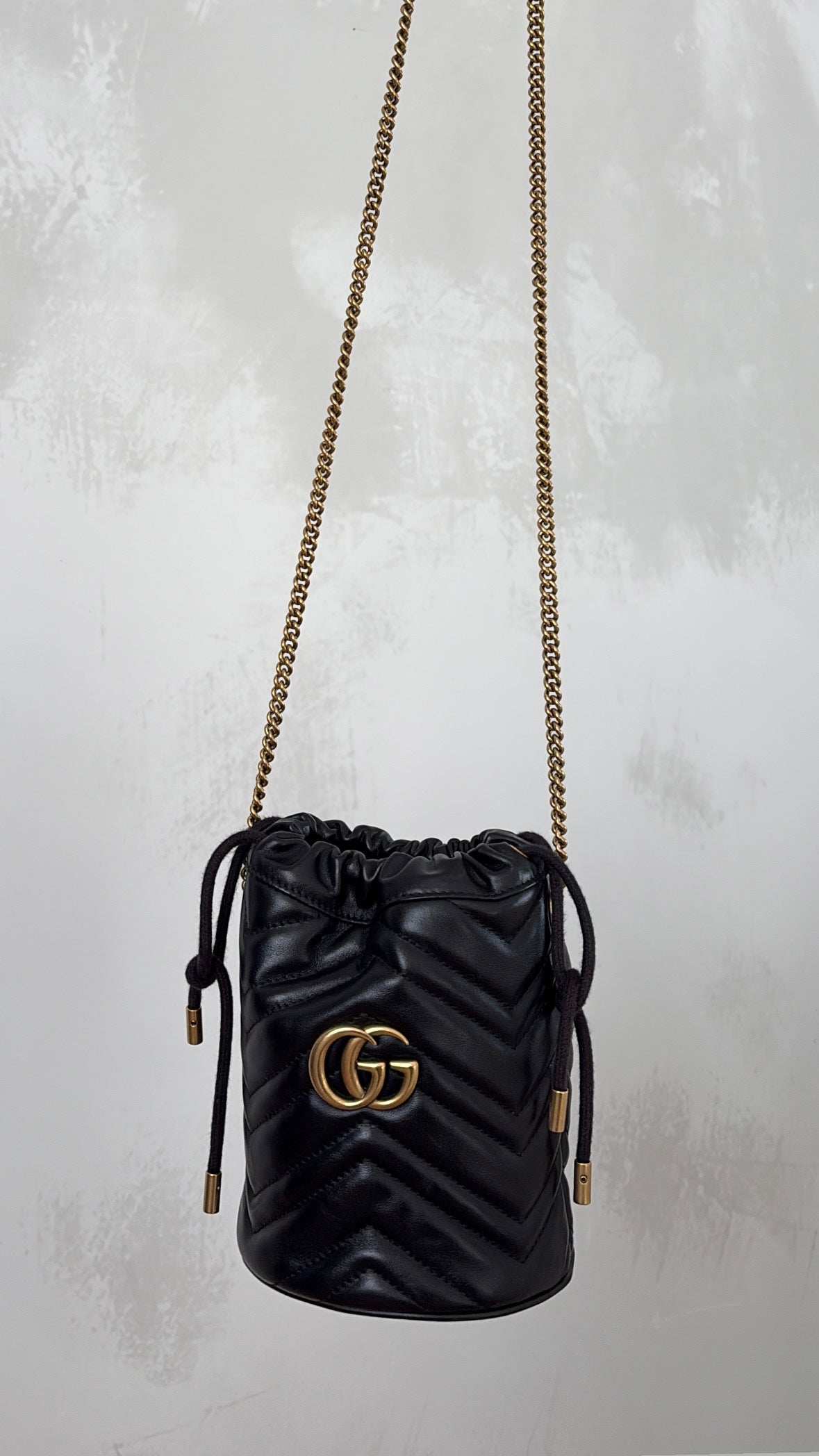Gucci Black Chevron Leather Mini Marmont Bucket