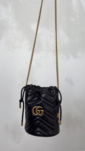 Gucci Black Chevron Leather Mini Marmont Bucket