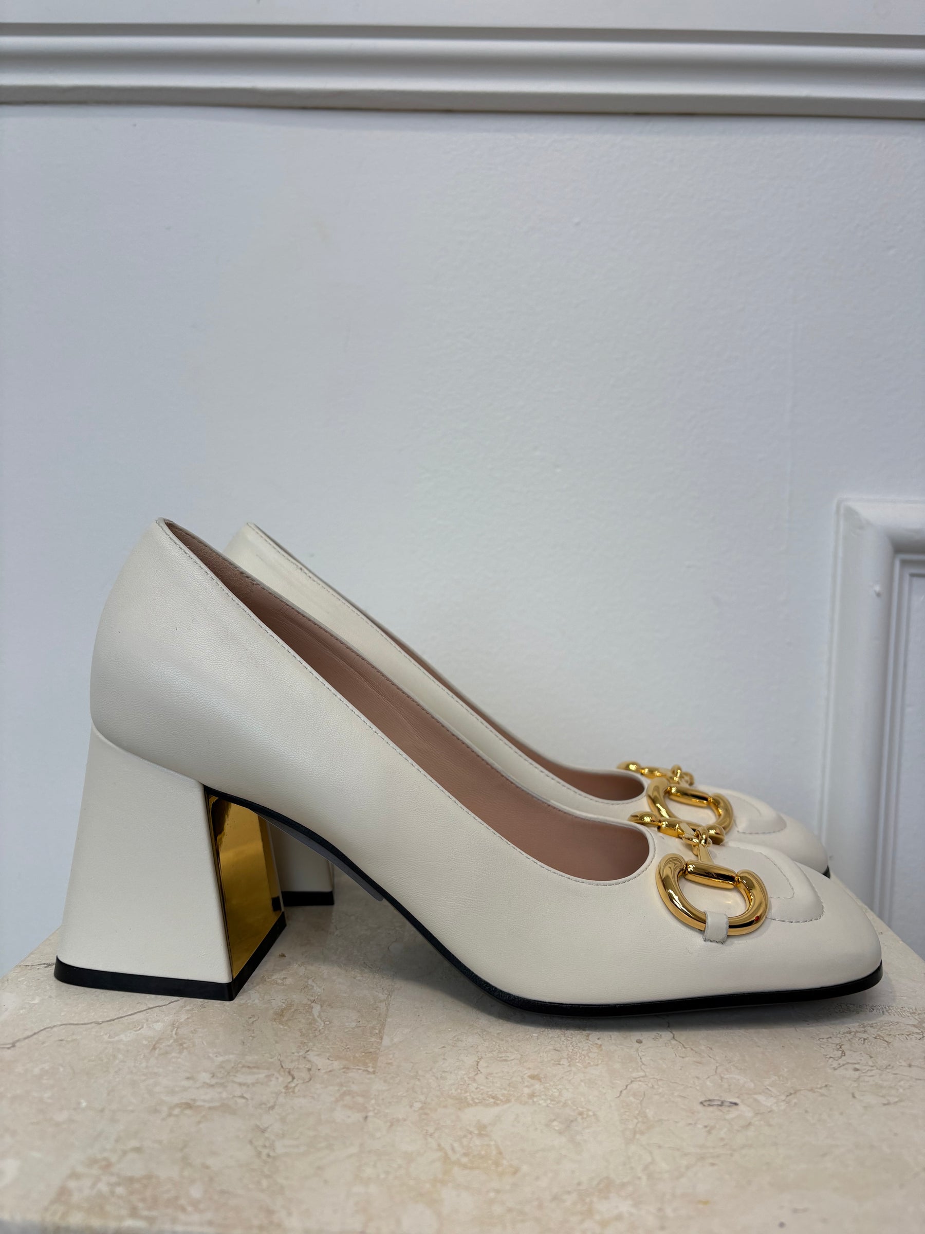 Gucci Cream Leather Horsebit Square Toe Pumps, 39