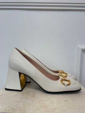 Gucci Cream Leather Horsebit Square Toe Pumps, 39