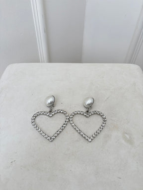 Alessandra Rich Silver Tone Crystal Heart Drop Clip On Earrings
