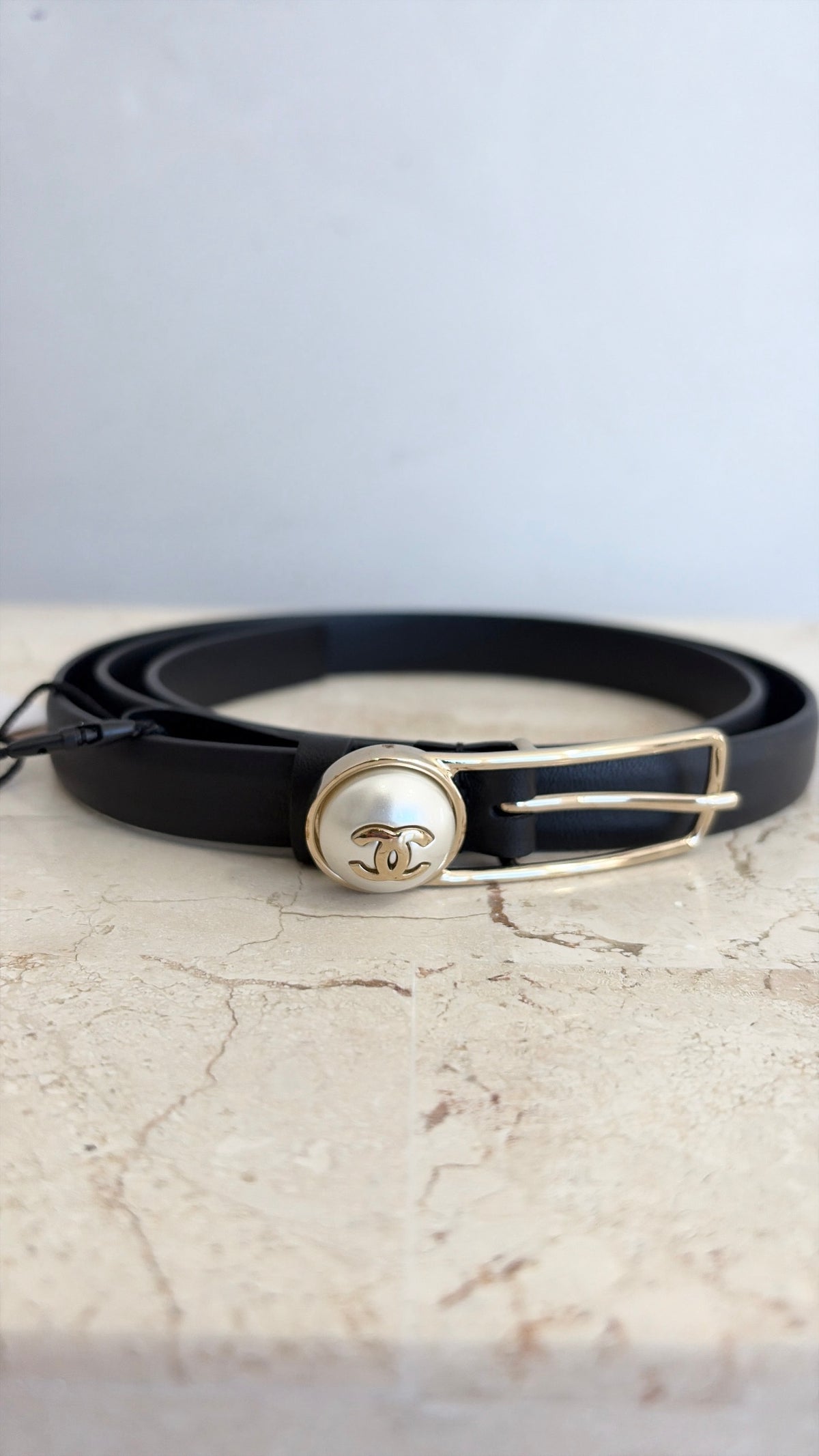 Chanel Black Leather Pearl Logo Thin Belt, 85