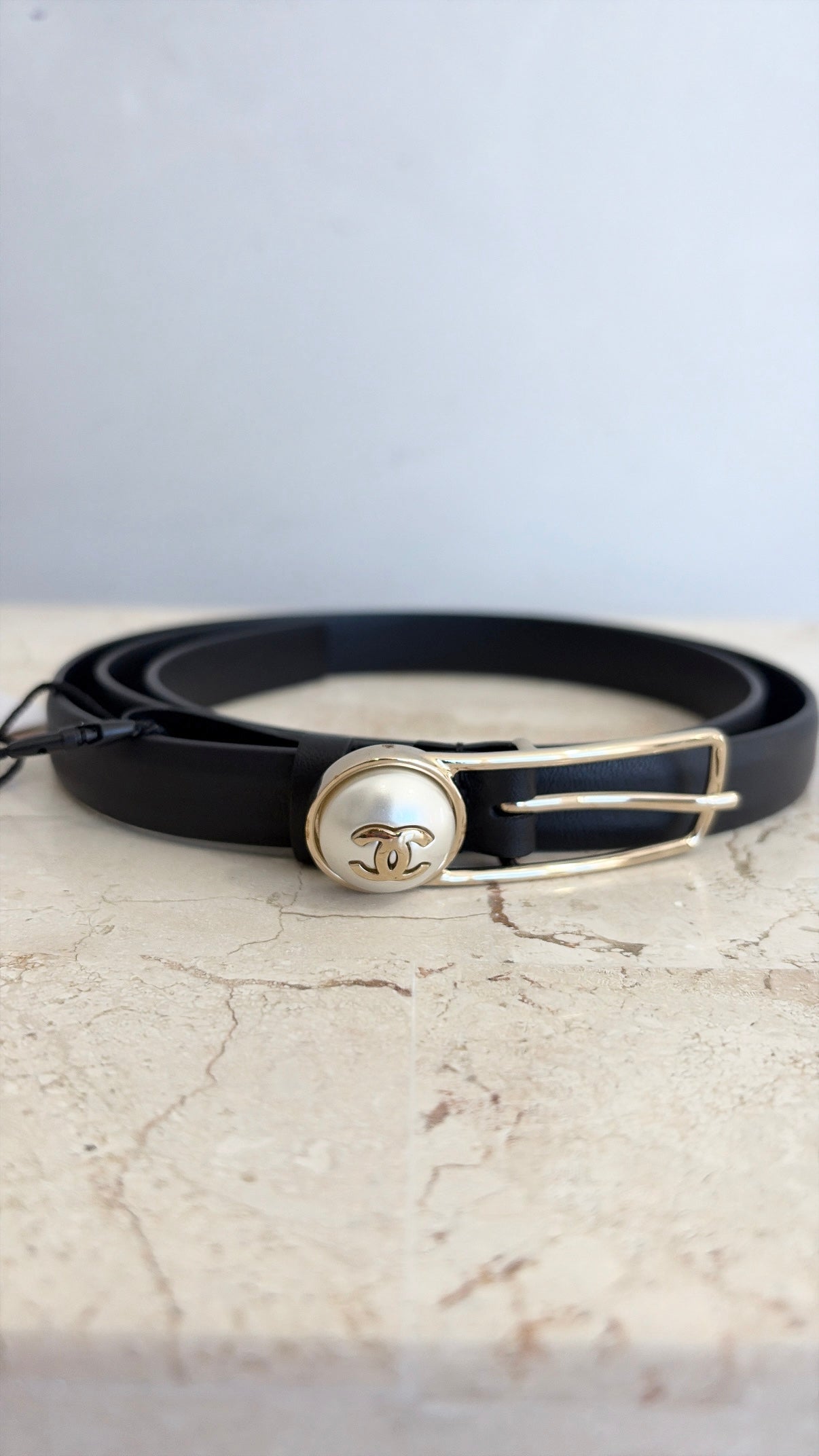 Chanel Black Leather Pearl Logo Thin Belt, 85