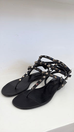Valentino Garavani Black Leather Rockstud Caged Sandals, 36.5 C