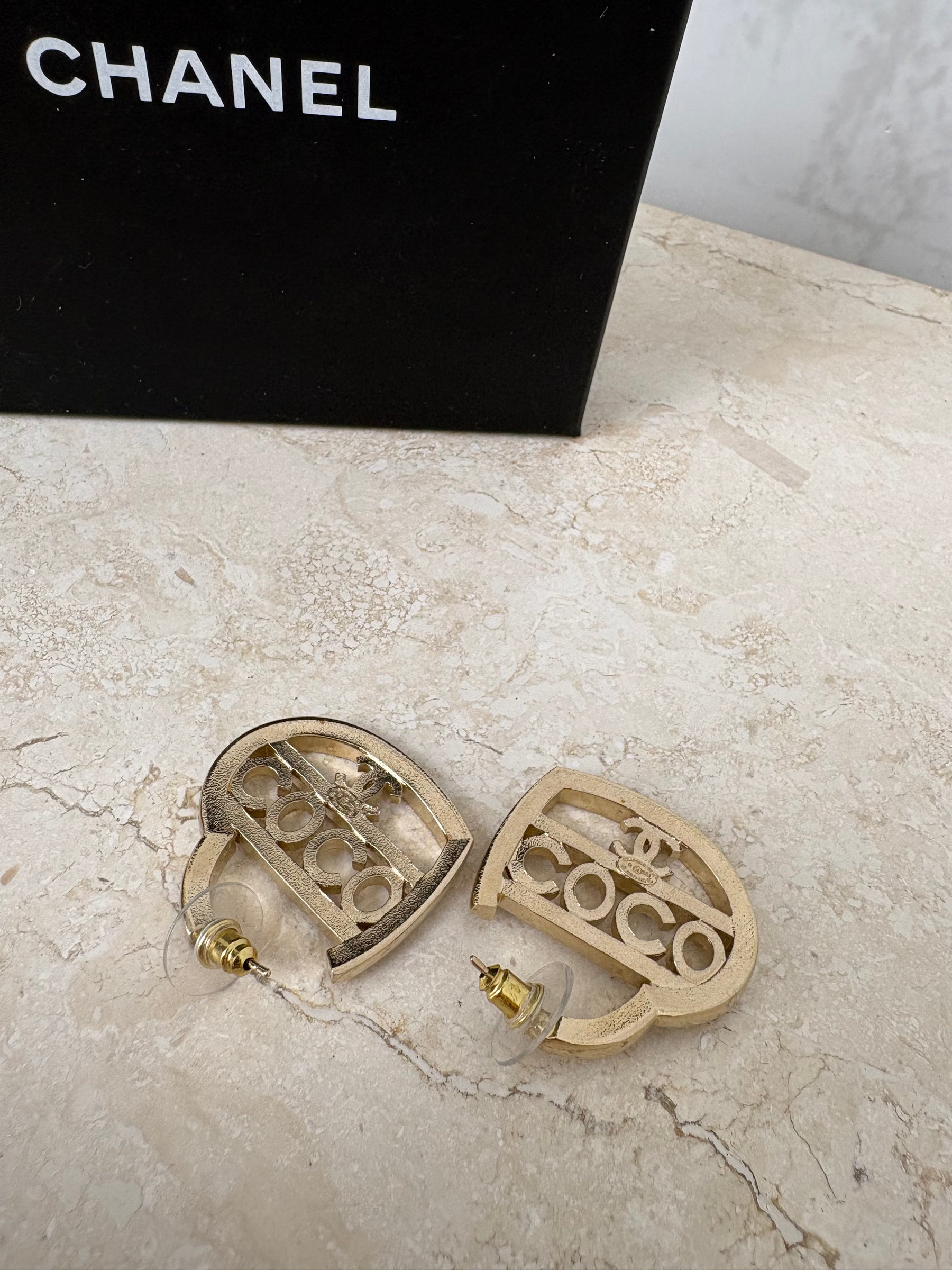 Chanel Coco Mark Heart Shaped Hoop Earrings With Rhinestones