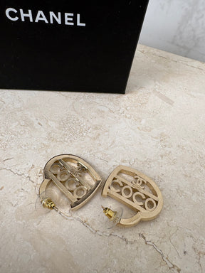 Chanel Coco Mark Heart Shaped Hoop Earrings With Rhinestones