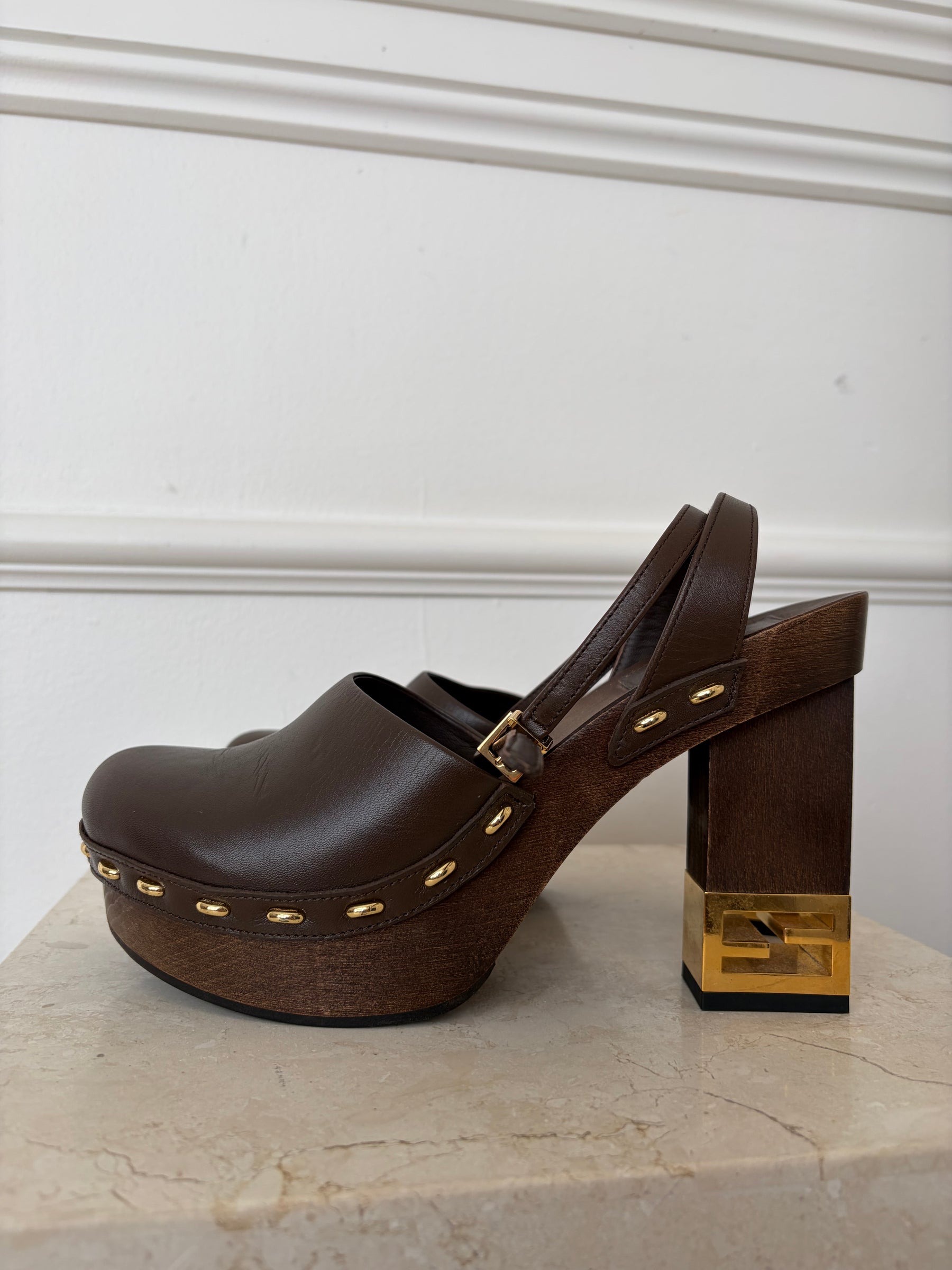Fendi Brown Leather Platform Logo Heel Clogs, 38