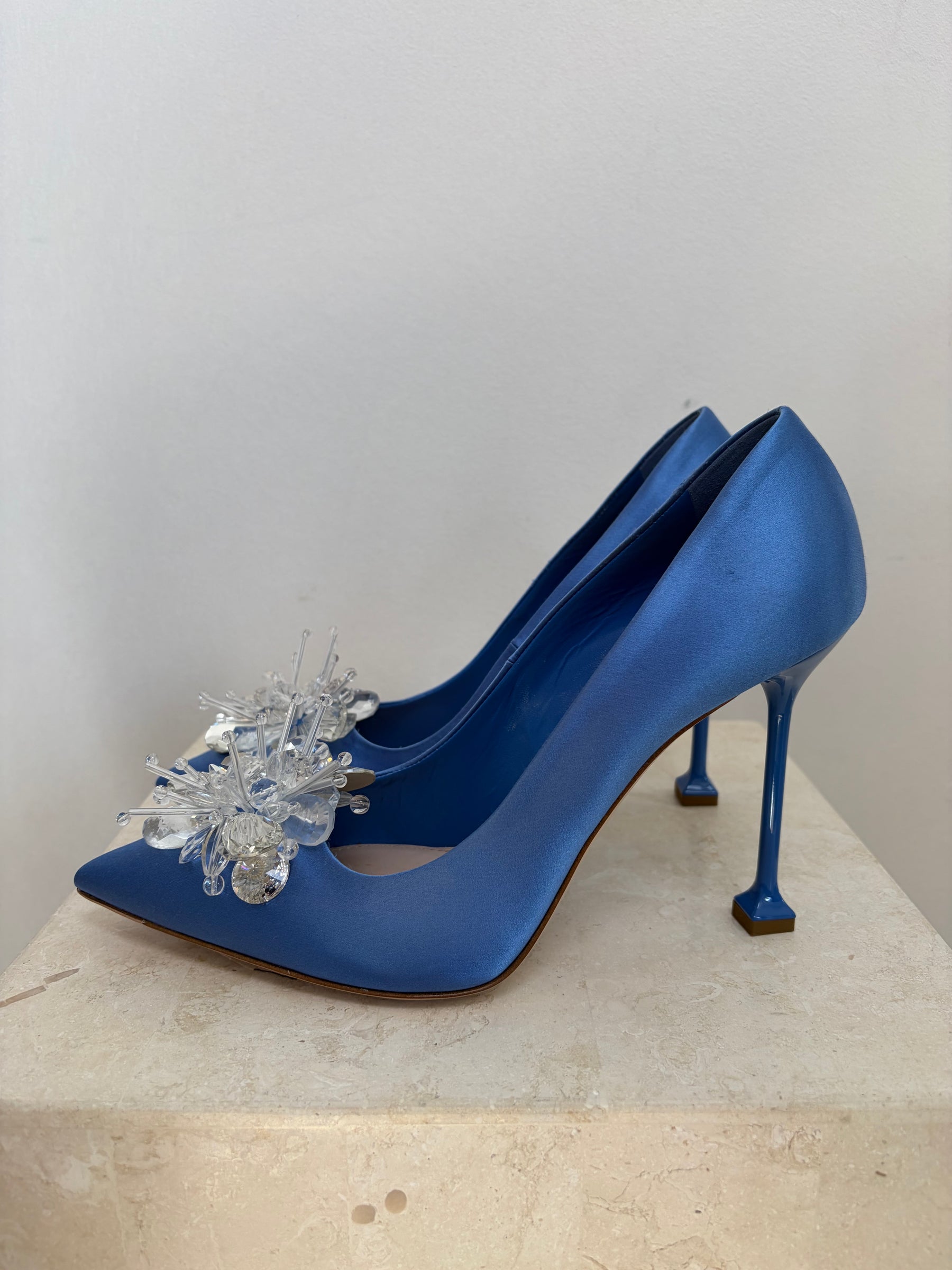 Miu Miu Embellished Satin Mules Blue, 39.5
