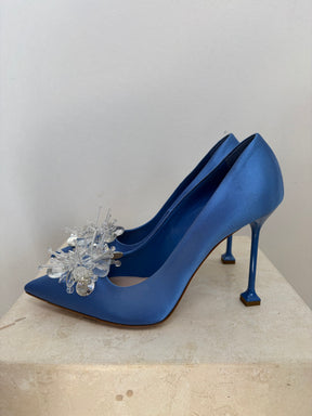 Miu Miu Embellished Satin Mules Blue, 39.5