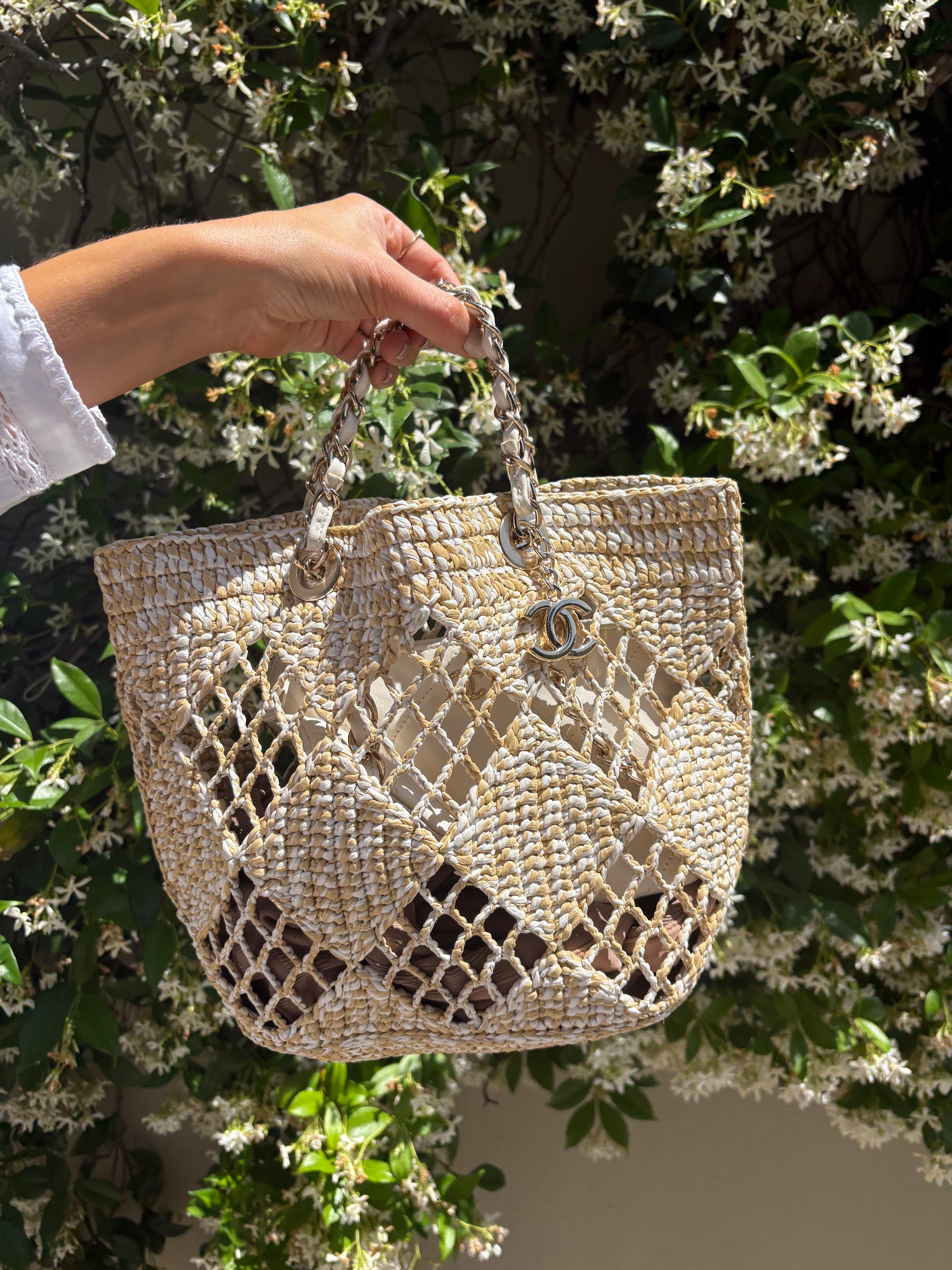 Chanel Natural and White Raffia Chain Leather Tote Bag