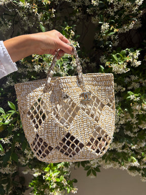Chanel Natural and White Raffia Chain Leather Tote Bag