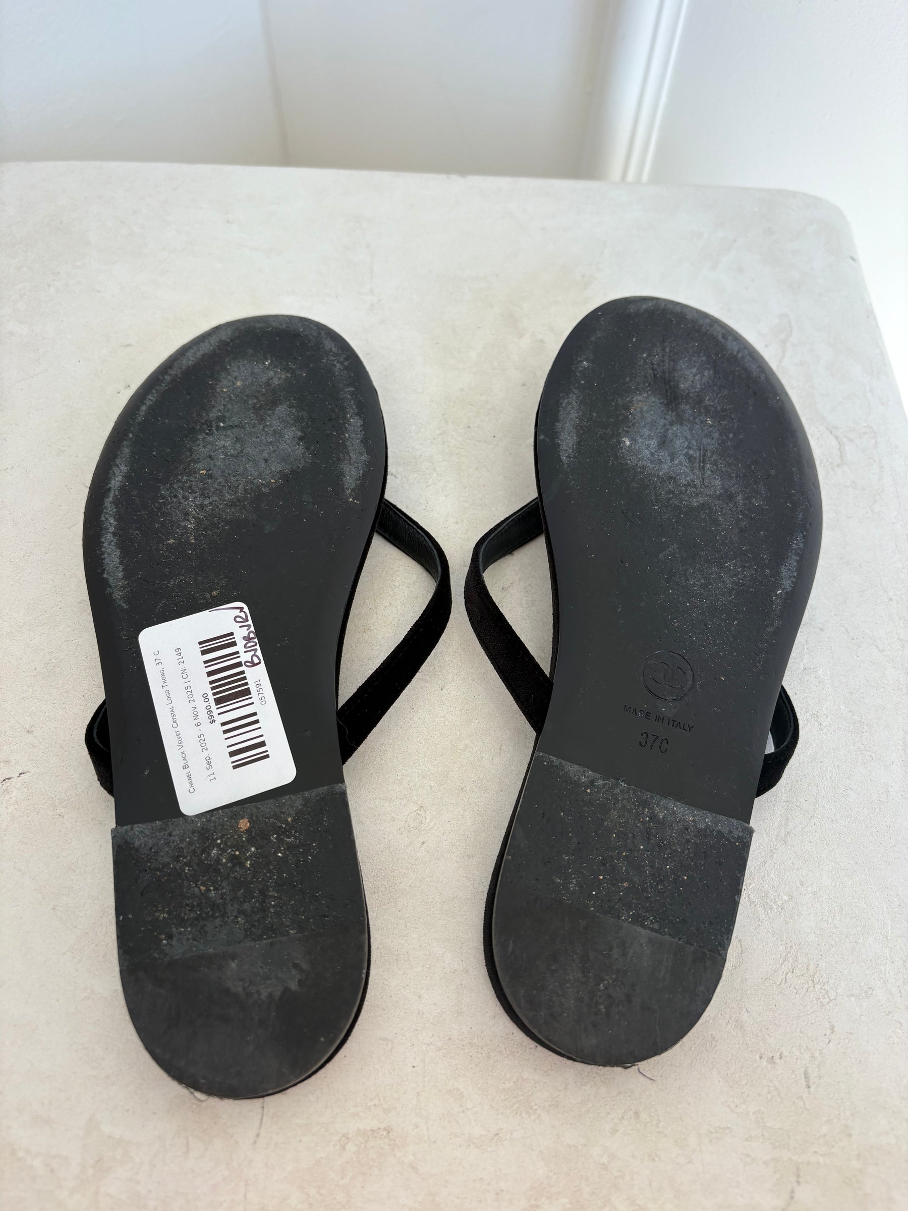 Chanel Black Velvet Crystal Logo Thong, 37 C