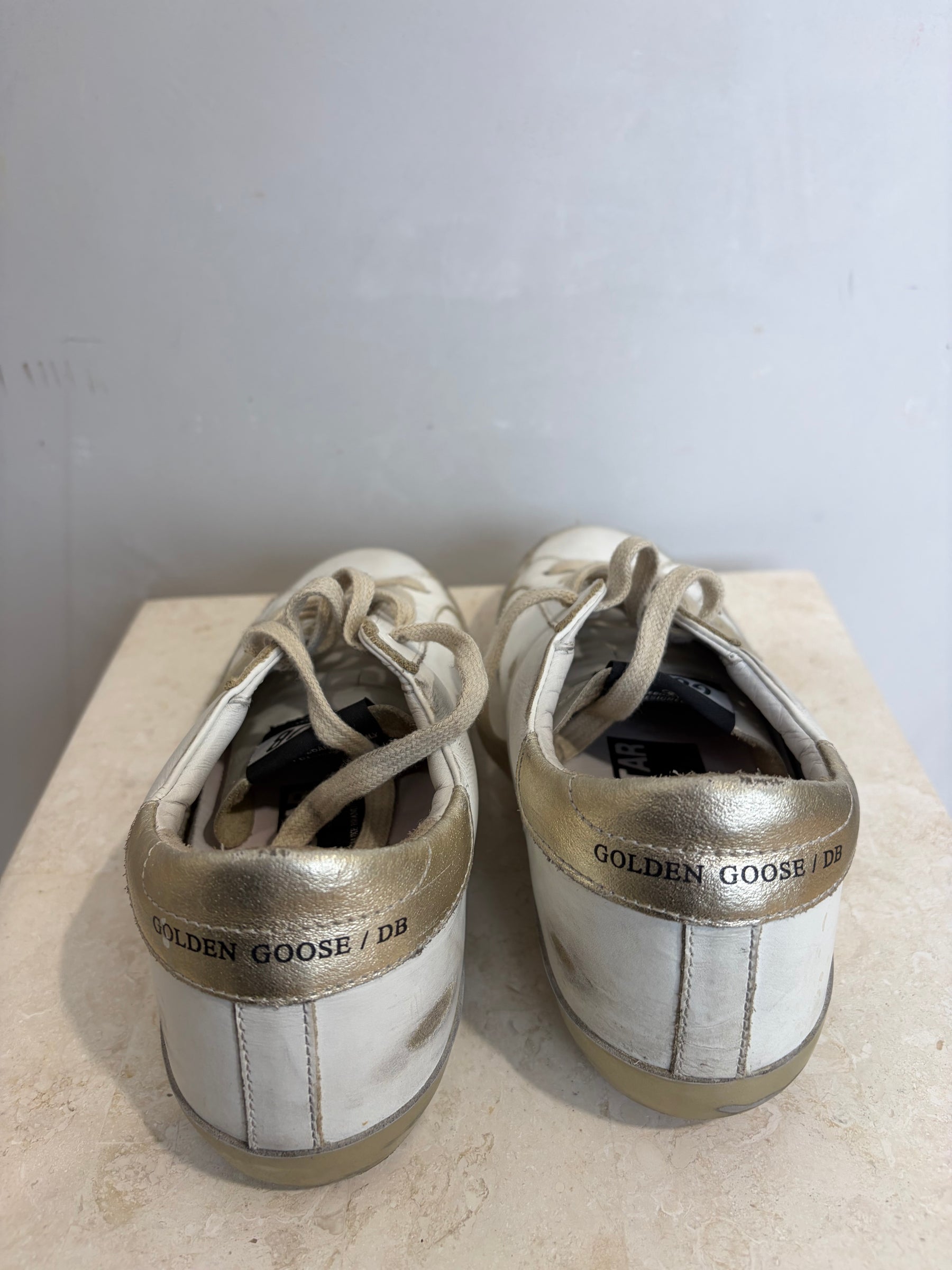 Golden Goose White and Gold Superstar Sneakers, 36