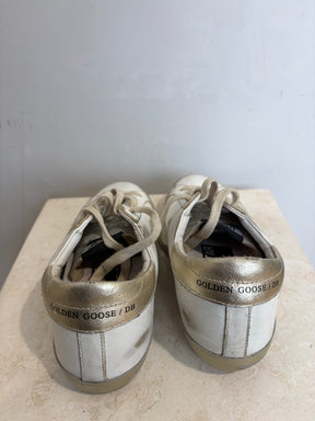 Golden Goose White and Gold Superstar Sneakers, 36